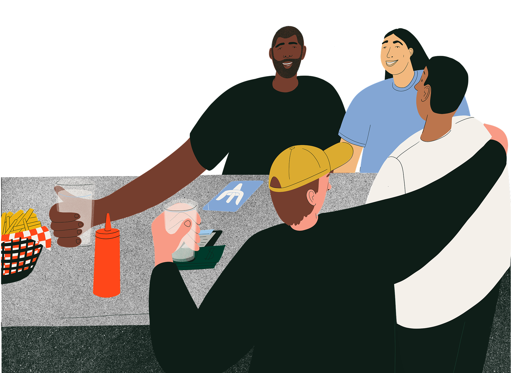 Illustration friends around a table with naloxone.