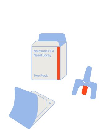 Illustration of naloxone packaging and nasal spray.