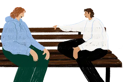 Friends talking on a bench.