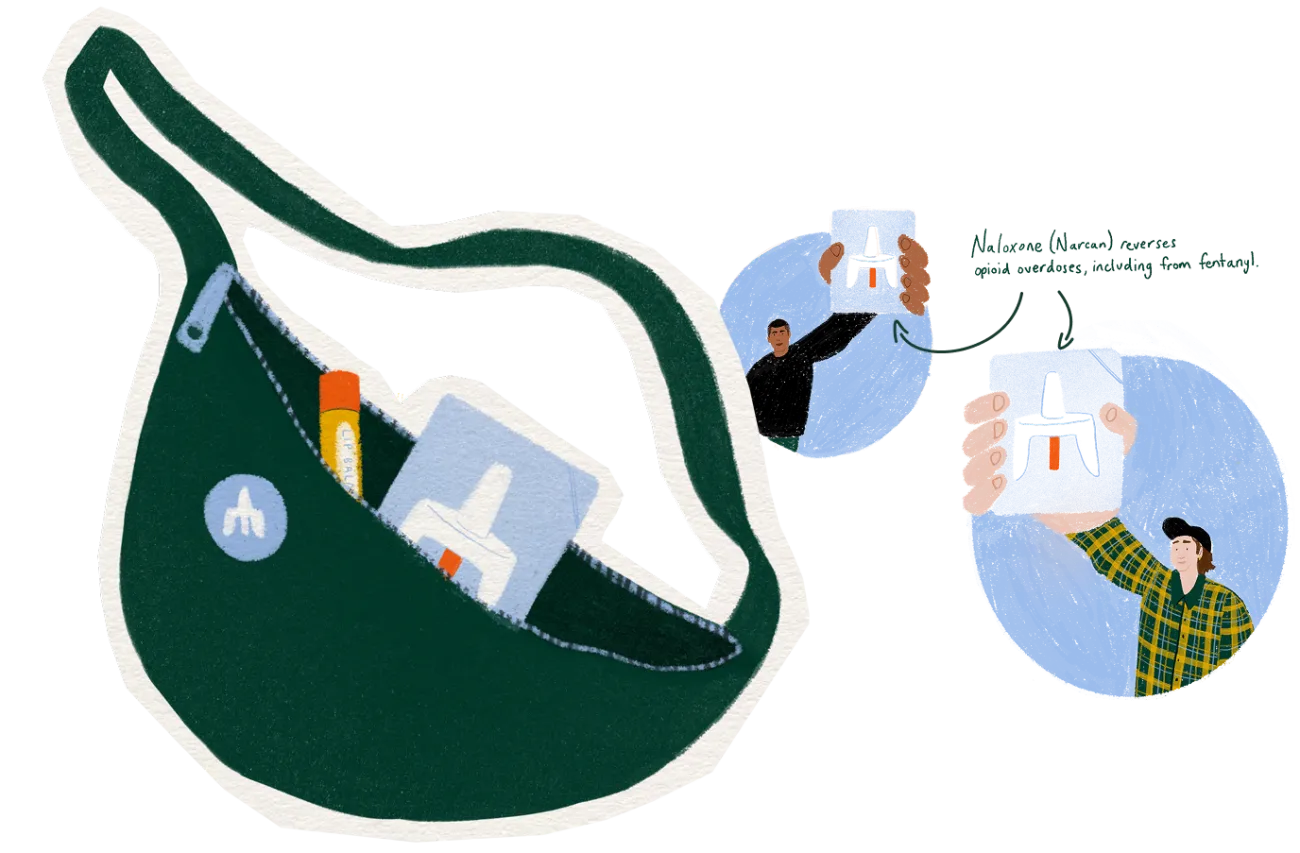 Illustration of bag and two characters with naloxone nasal spray.