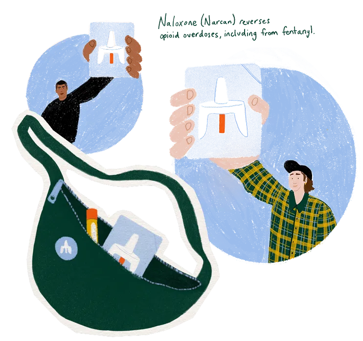 Illustration of bag and two characters with naloxone nasal spray.