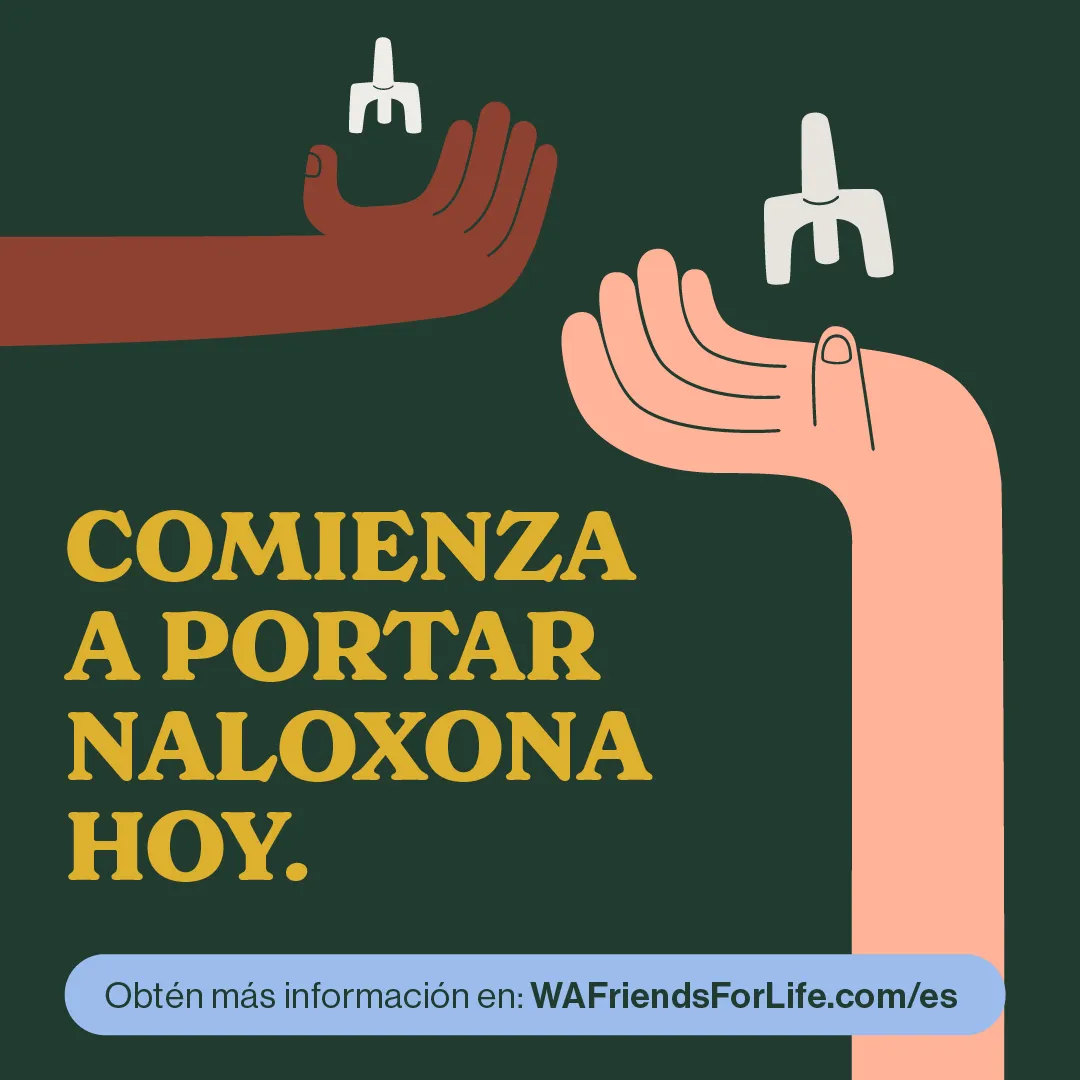 Social post with dark background and two hands holding Naloxone