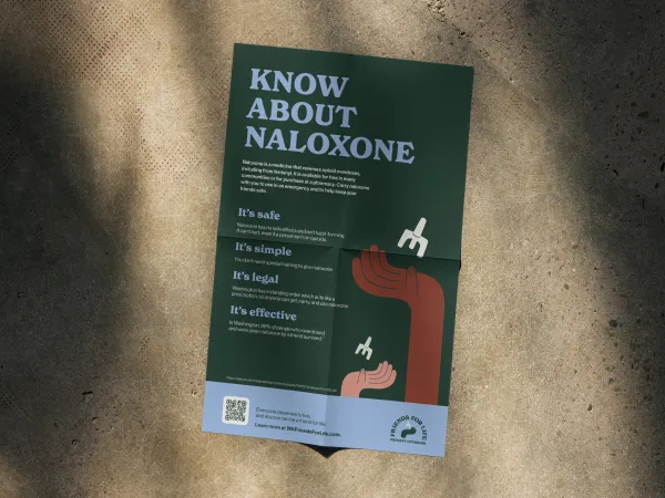 Image of a poster with a dark background and the text, know about Naloxone
