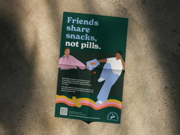 Poster with two kids, one in a pink shirt and one in a white shirt sharing a snack