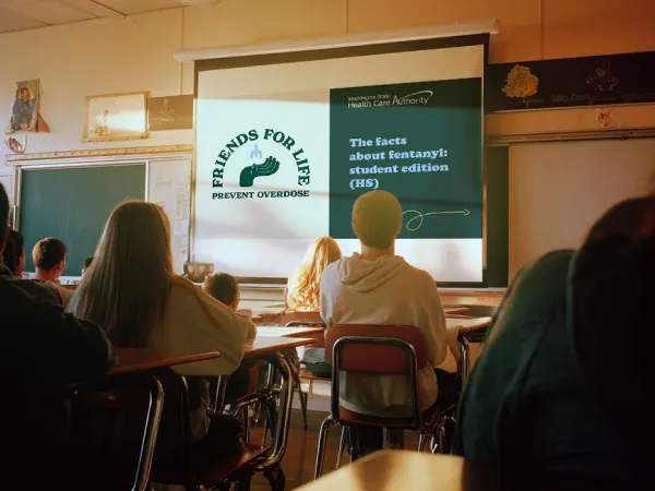 Presentation with people looking at a big screen