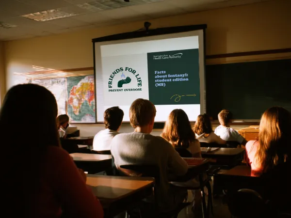 Presentation with a group of people looking at a large screen