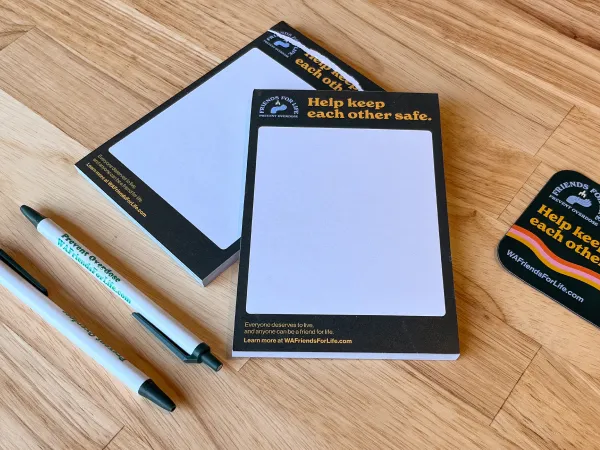 Notepad with dark border, Friends for Life logo and Help Keep Each Other Safe