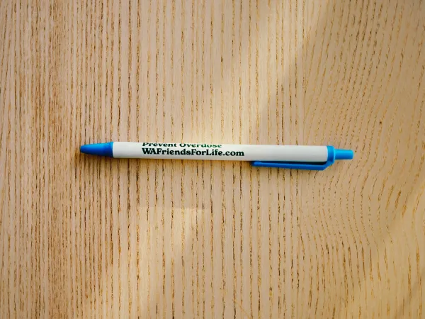 White Ballpoint Pen with Prevent Overdose Text and Friends for Life website