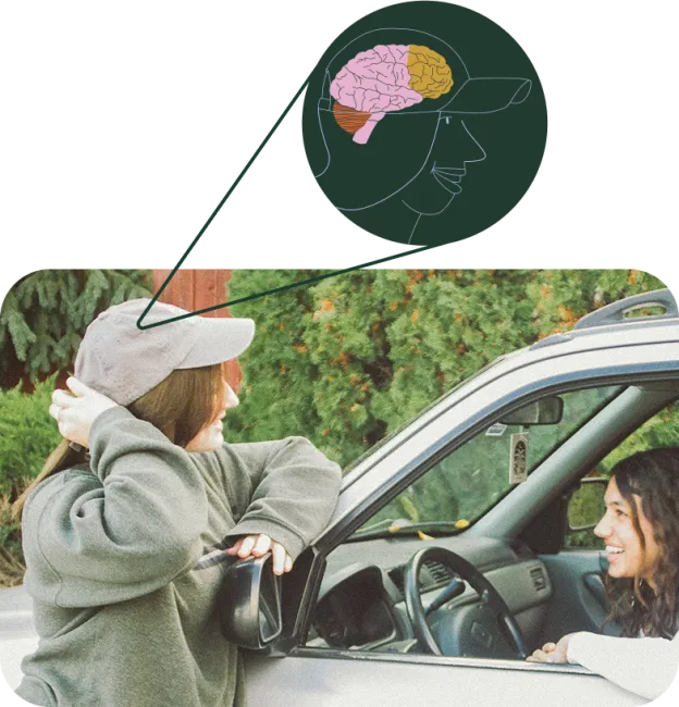 Image of friends chatting. Illustration of frontal lobe layered over the image.