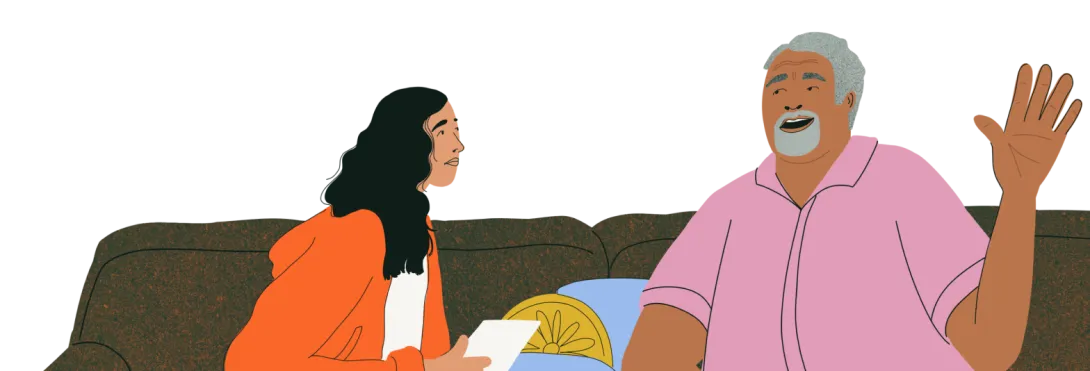 illustration of guardian talking to teen on couch.